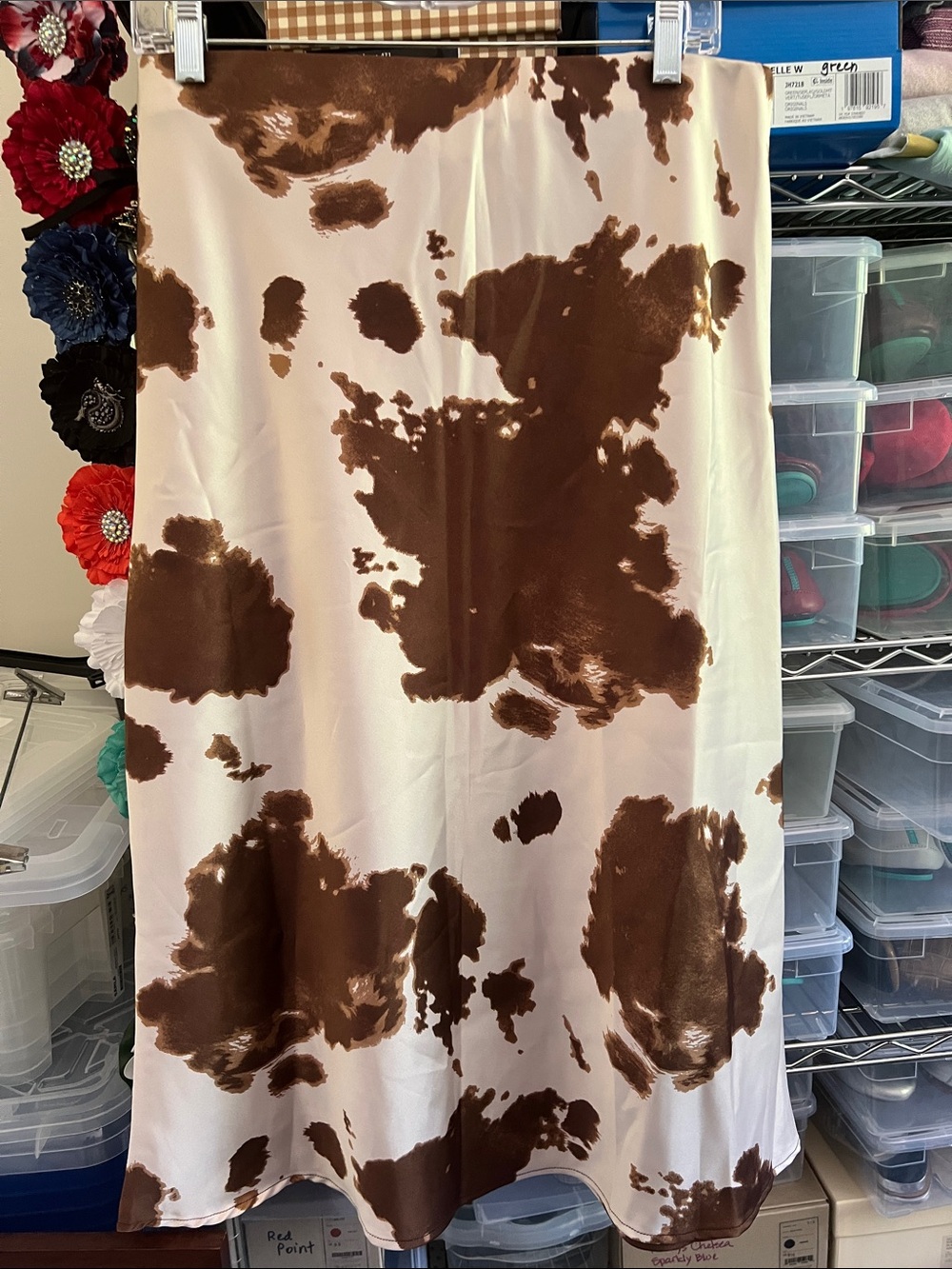Renee C. Brown and Cream Cow Print Satin Midi Skirt L NEW